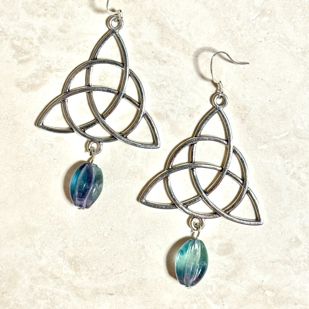 2/$20, Genuine Rainbow Fluorite Celtic Trinity Sterling Silver Dangle Earrings